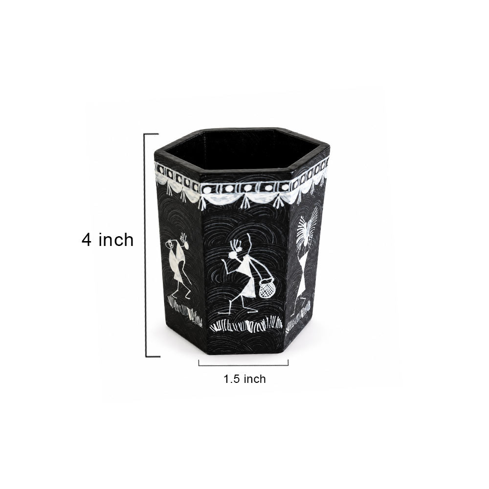 Hexagonal Warli Hand-Painted Wooden Stationery Stand - Black
