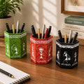 Vibrant Warli Hand-Painted Hexagonal Wooden Stationery Holder Set of 3