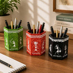 Vibrant Warli Hand-Painted Hexagonal Wooden Stationery Holder Set of 3
