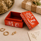 Warli Tribal Art Hand-Painted Wooden Jewelry Box - Crimson Red