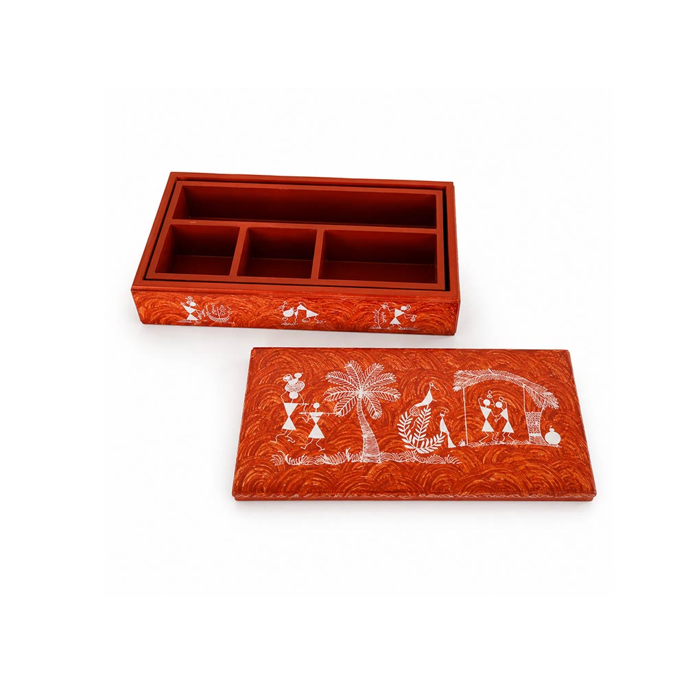 Crimson Warli Art Hand-Painted Multi-Compartment Jewelry Box