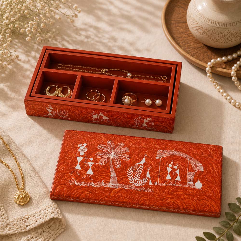 Crimson Warli Art Hand-Painted Multi-Compartment Jewelry Box