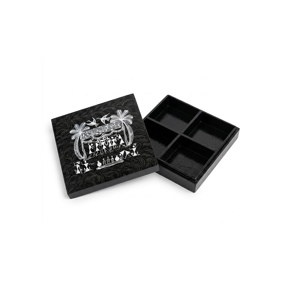 Hand-Painted Warli Art 4-Section Wooden Dry Fruit Box - Onyx