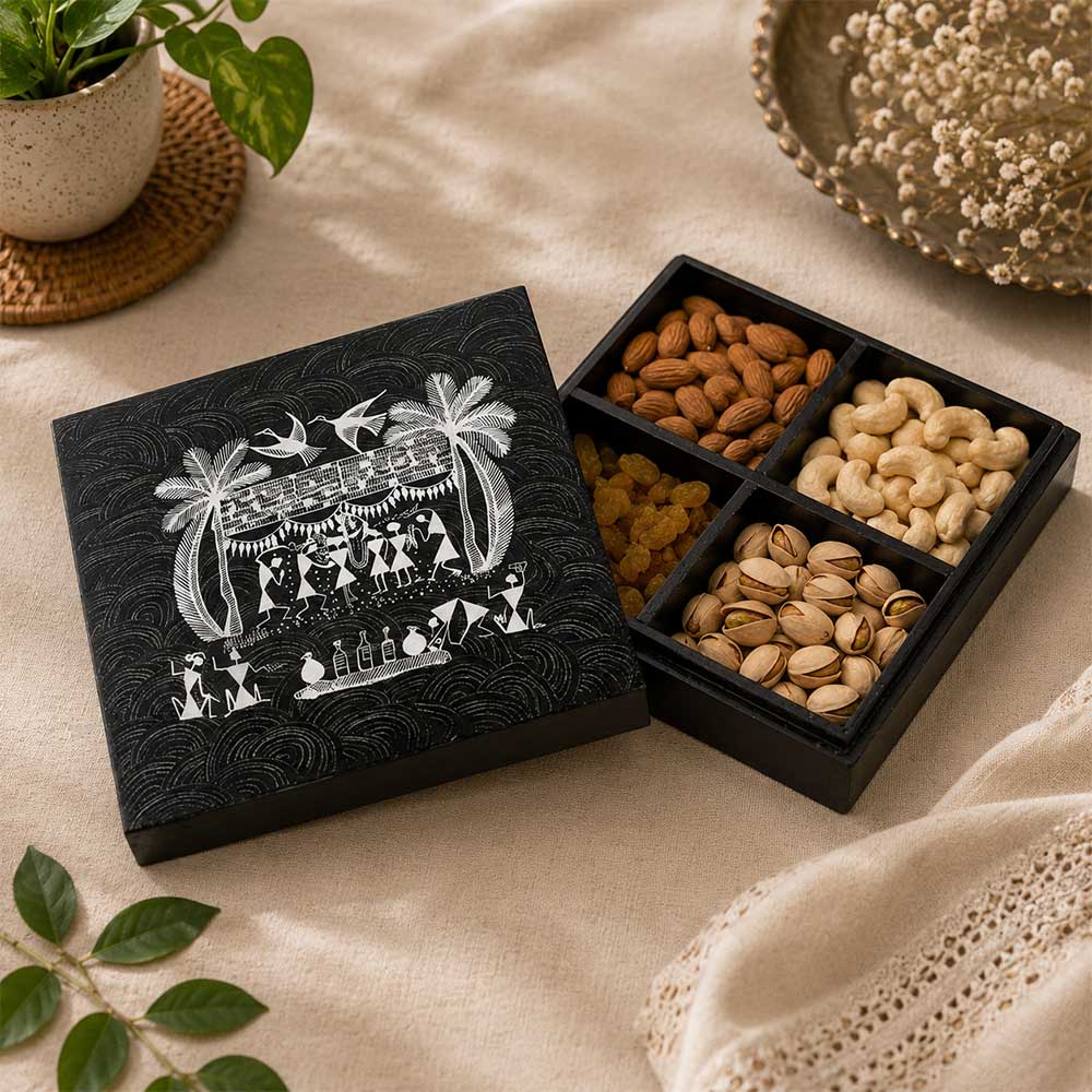 Hand-Painted Warli Art 4-Section Wooden Dry Fruit Box - Onyx