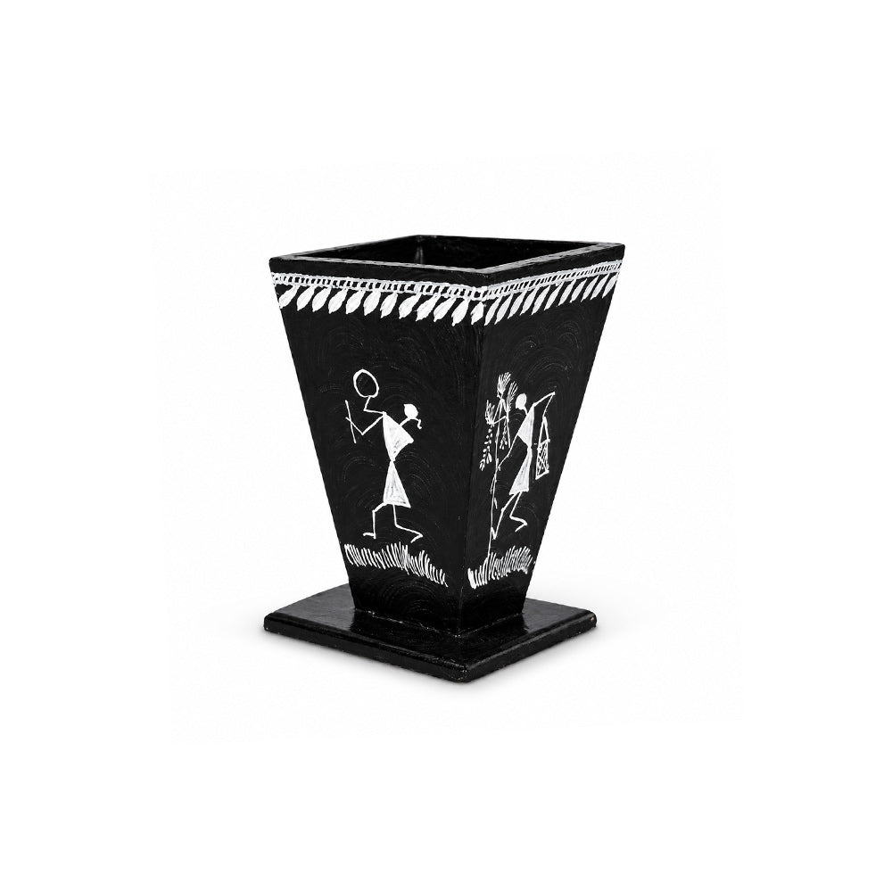 Hand-Painted Warli Art Wooden Pen Stand in Matte Black