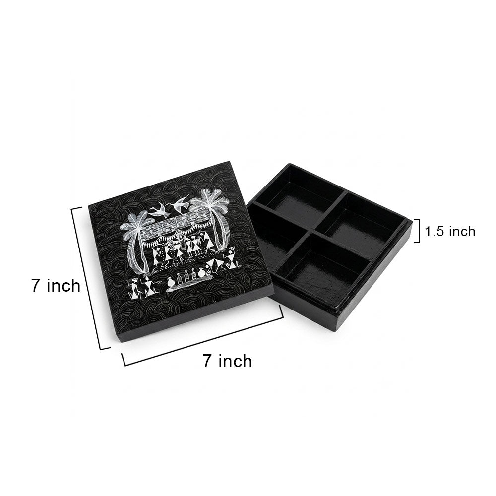 Hand-Painted Warli Art 4-Section Wooden Dry Fruit Box - Onyx