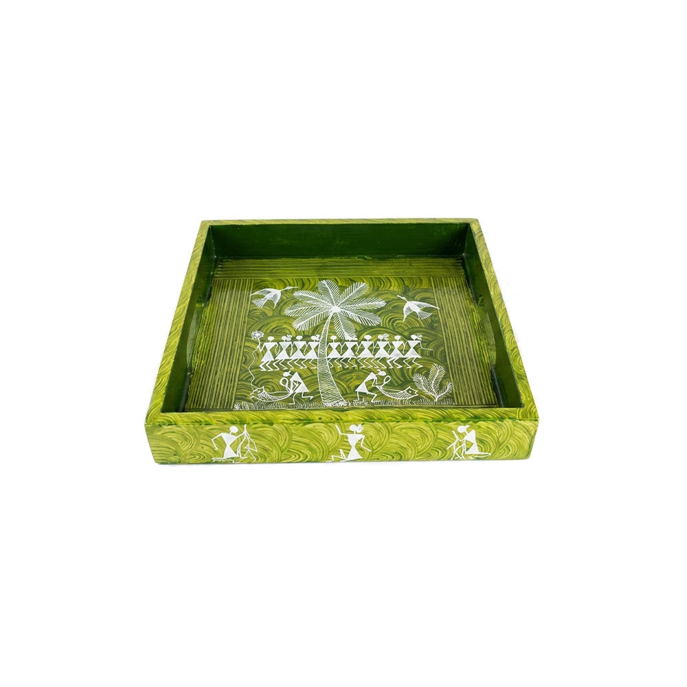 Hand-Painted Warli Art Wooden Serving Tray - Moss Green
