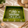 Hand-Painted Warli Art Wooden Serving Tray - Moss Green