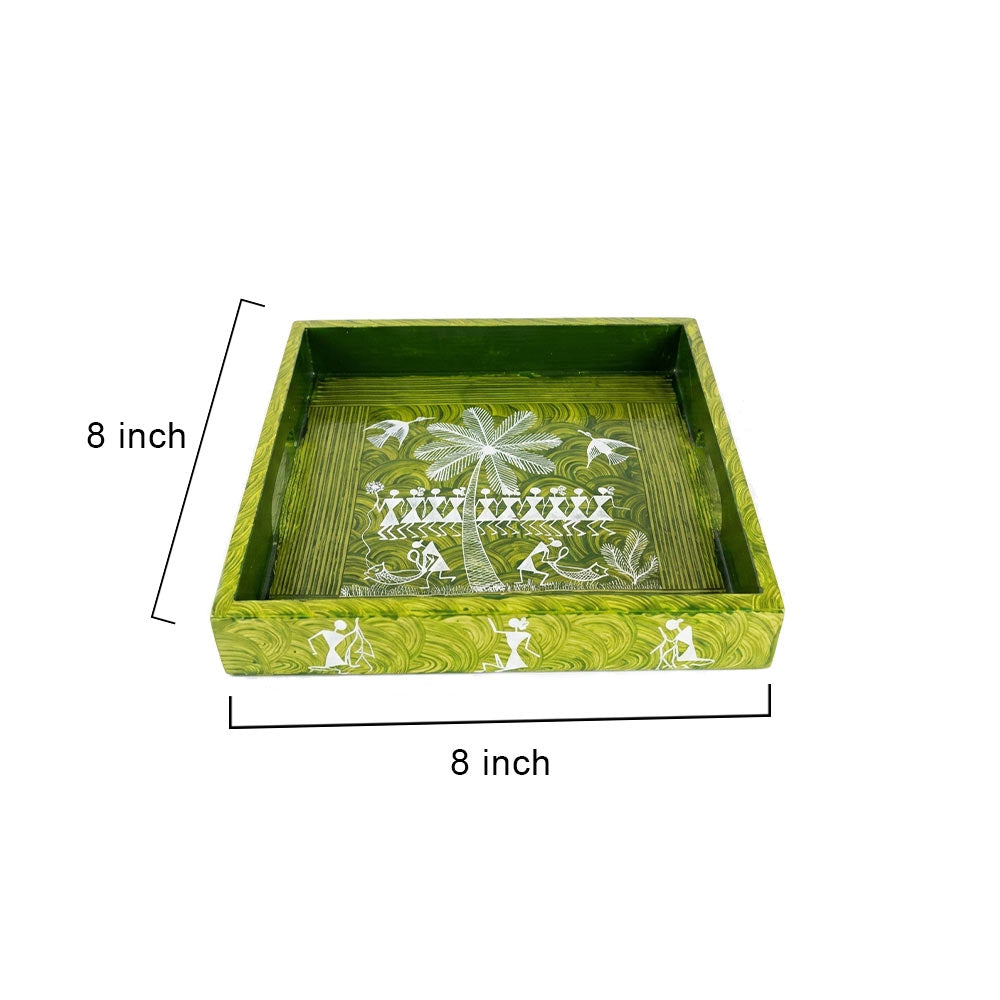 Hand-Painted Warli Art Wooden Serving Tray - Moss Green