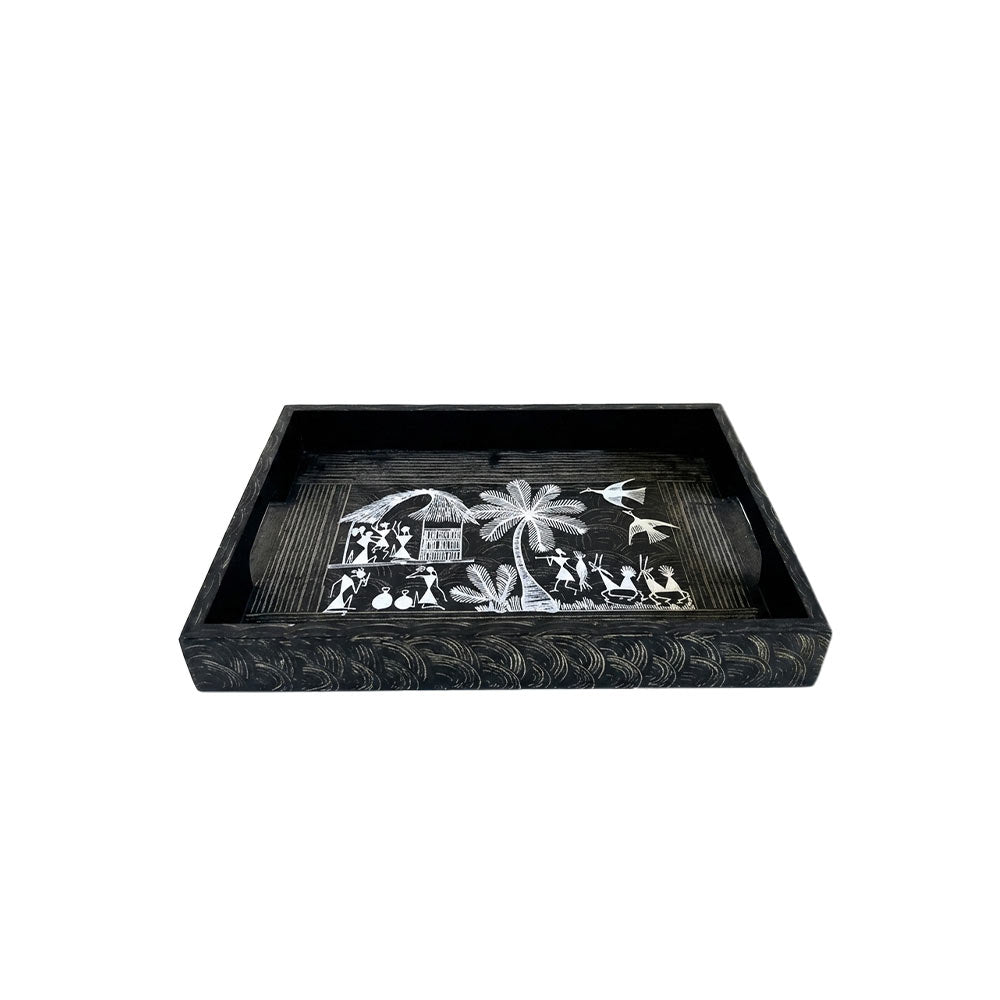 Warli Art Hand-Painted Wooden Serving Tray in Charcoal Black
