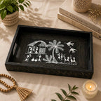 Warli Art Hand-Painted Wooden Serving Tray in Charcoal Black