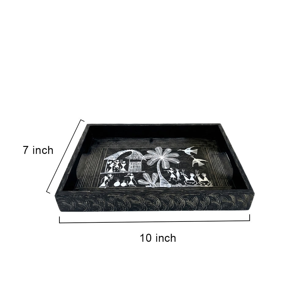Warli Art Hand-Painted Wooden Serving Tray in Charcoal Black