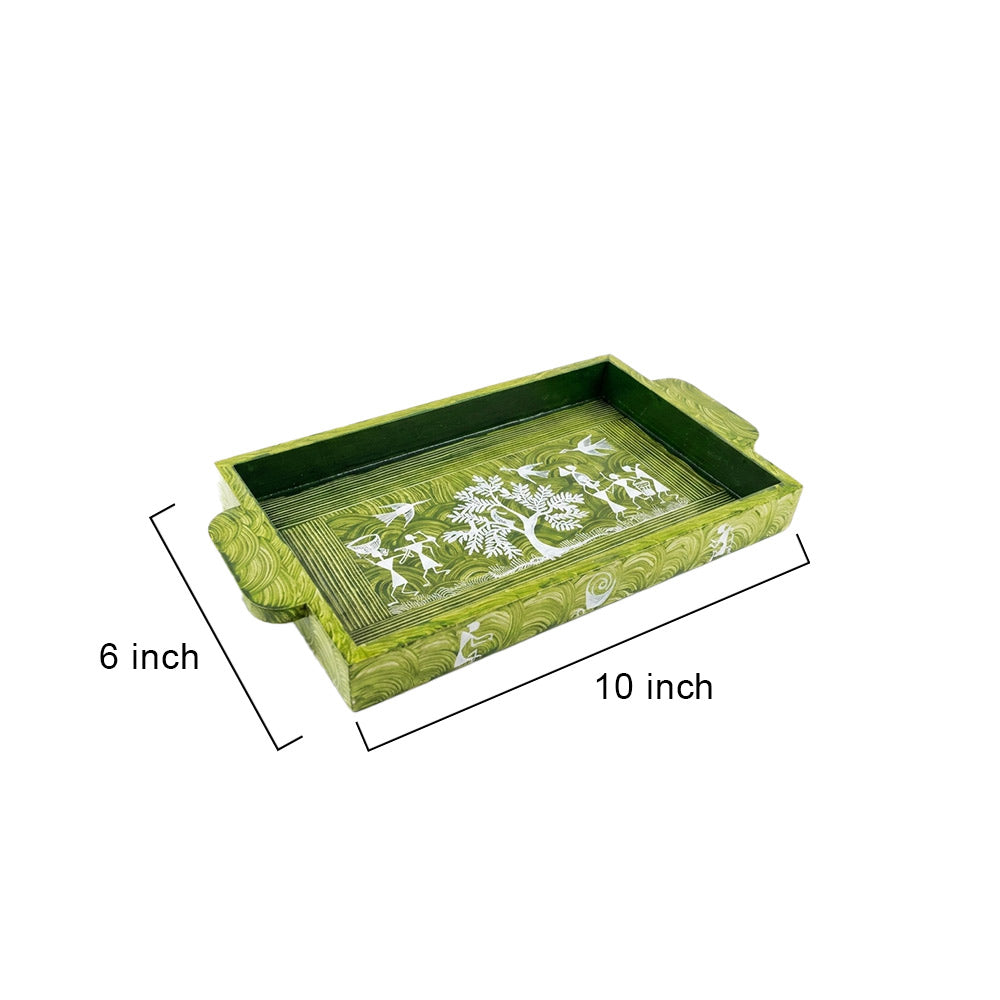 Artisan Olive Green Warli Art Hand-Painted Serving Tray