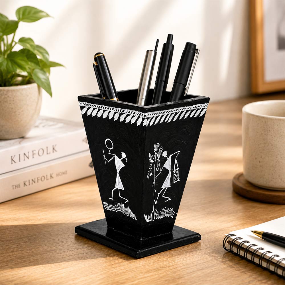 Hand-Painted Warli Art Wooden Pen Stand in Matte Black