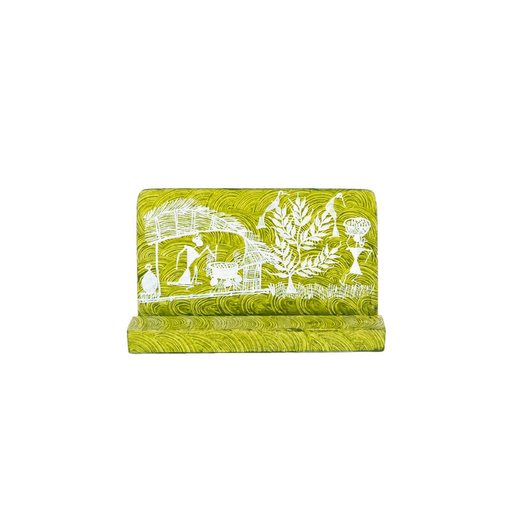 Warli Art Hand-Painted Wooden Mobile Stand - Olive Green