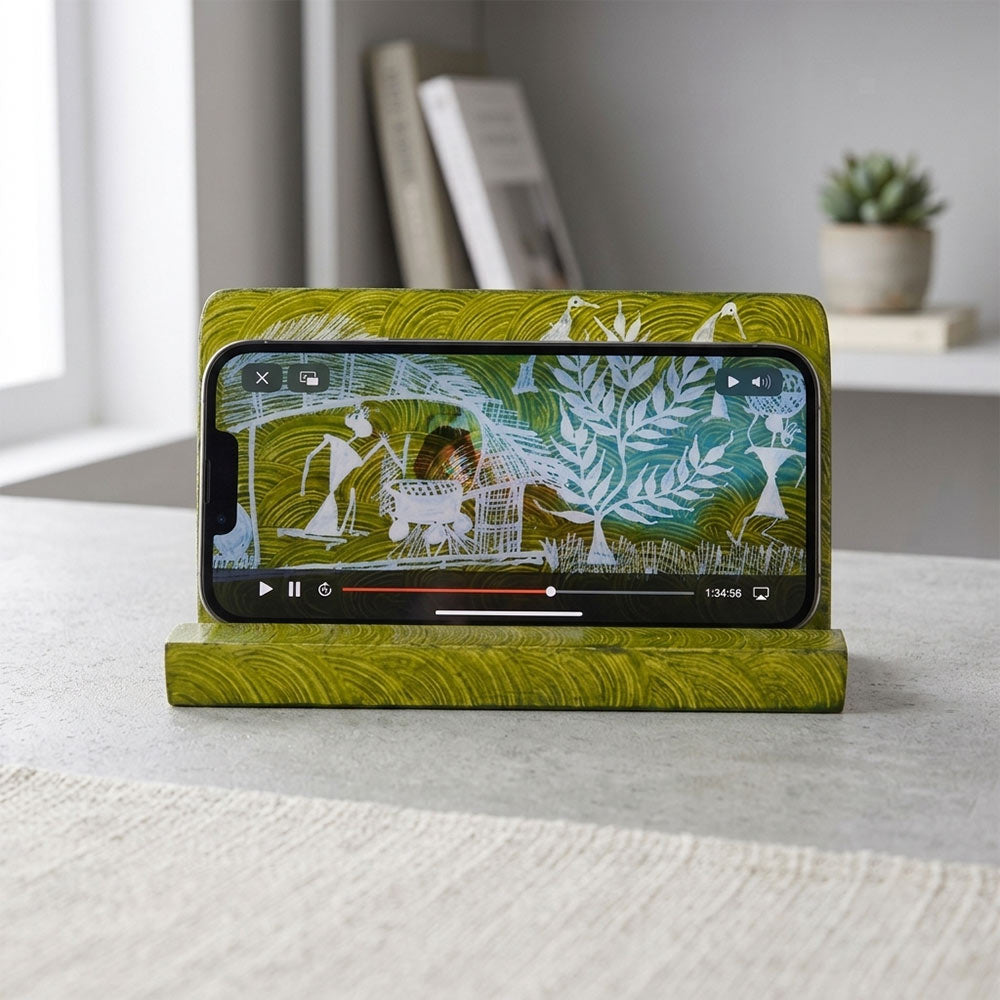 Warli Art Hand-Painted Wooden Mobile Stand - Olive Green