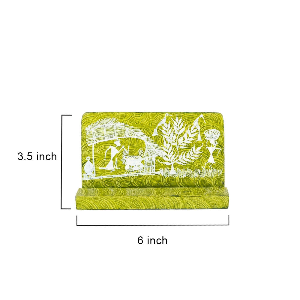 Warli Art Hand-Painted Wooden Mobile Stand - Olive Green