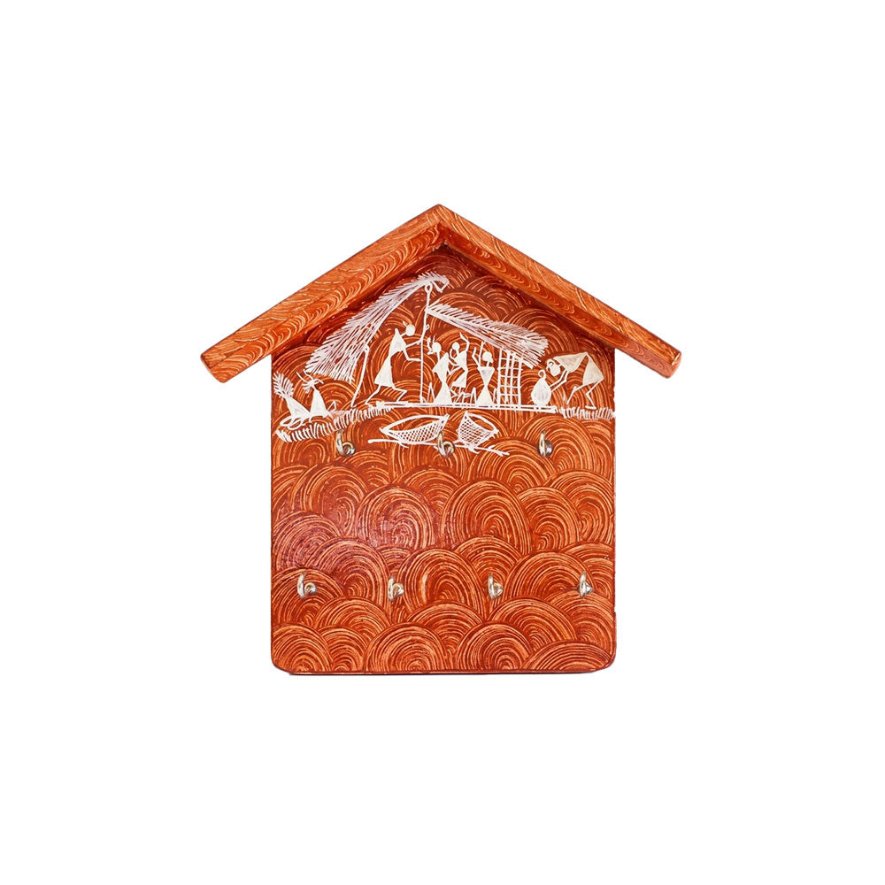 Warli Art Hand-Painted House-Shaped Wooden Wall Key Holder