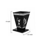 Hand-Painted Warli Art Wooden Pen Stand in Matte Black