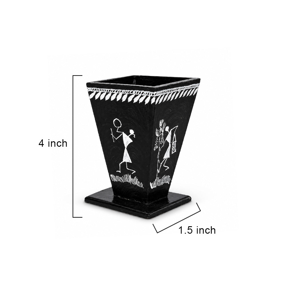 Hand-Painted Warli Art Wooden Pen Stand in Matte Black
