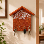 Warli Art Hand-Painted House-Shaped Wooden Wall Key Holder