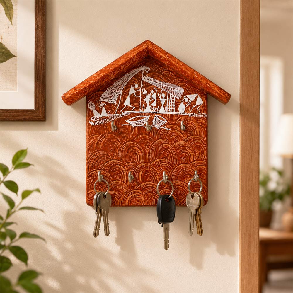 Warli Art Hand-Painted House-Shaped Wooden Wall Key Holder