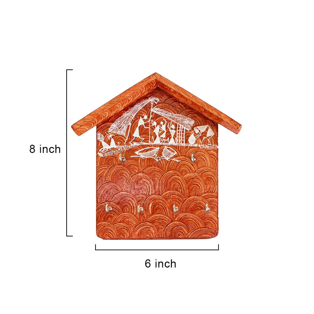 Warli Art Hand-Painted House-Shaped Wooden Wall Key Holder