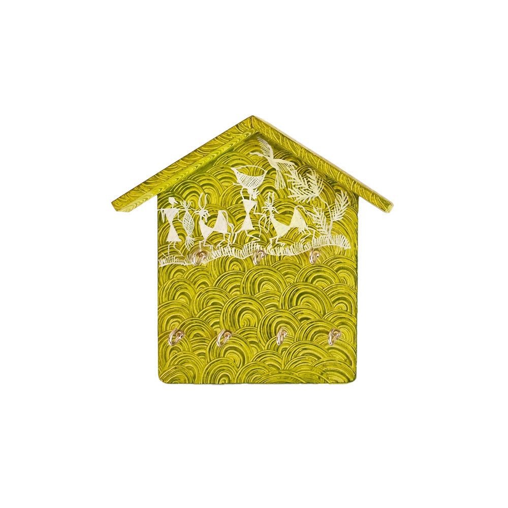 Lime Green Hand-Painted Warli Art Wooden Key Organizer