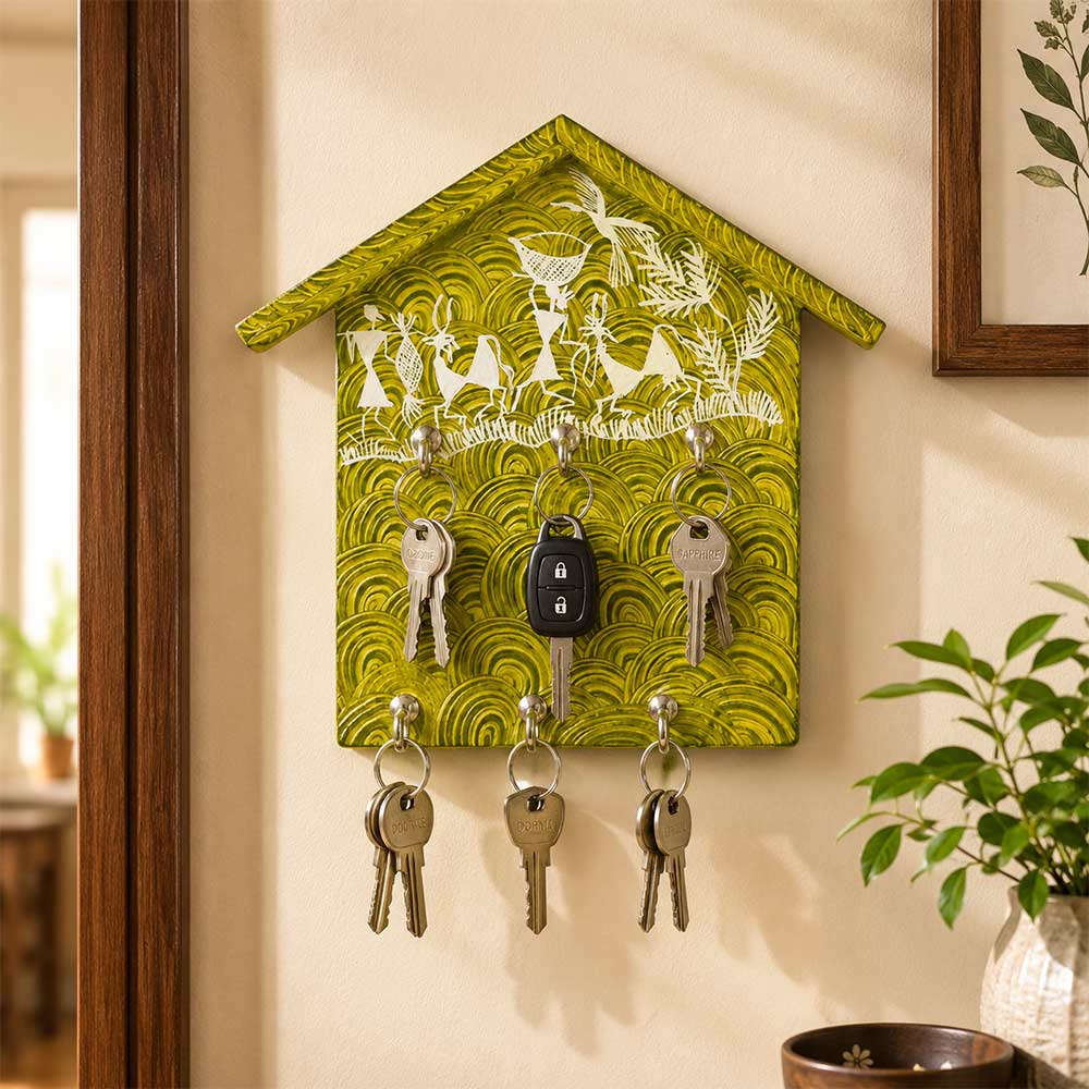 Lime Green Hand-Painted Warli Art Wooden Key Organizer