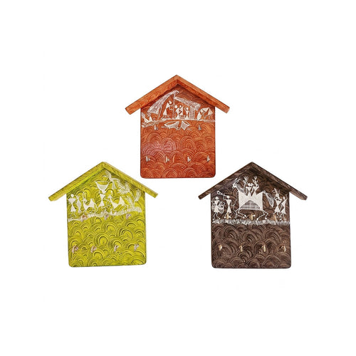 Artisanal Warli Hand-Painted Wooden House Key Holder Set