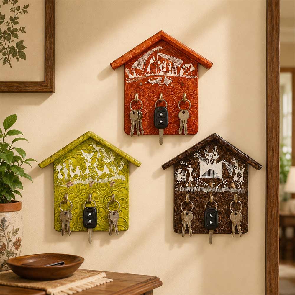 Artisanal Warli Hand-Painted Wooden House Key Holder Set