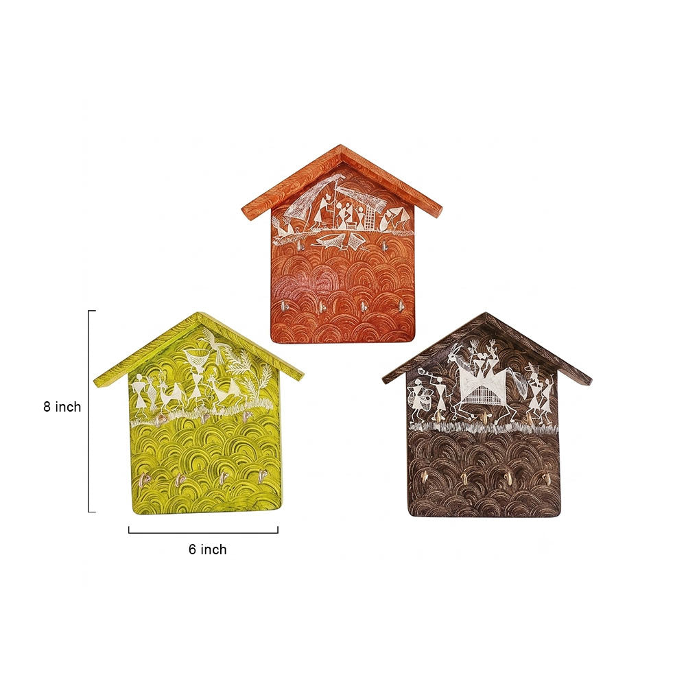 Artisanal Warli Hand-Painted Wooden House Key Holder Set