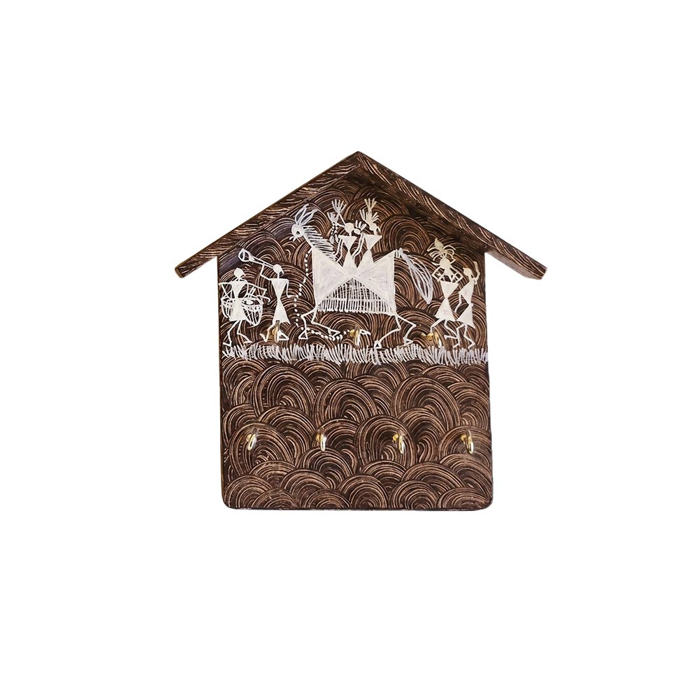 Rustic Warli Art Hand-Painted Wooden Key Rack in Mocha Brown