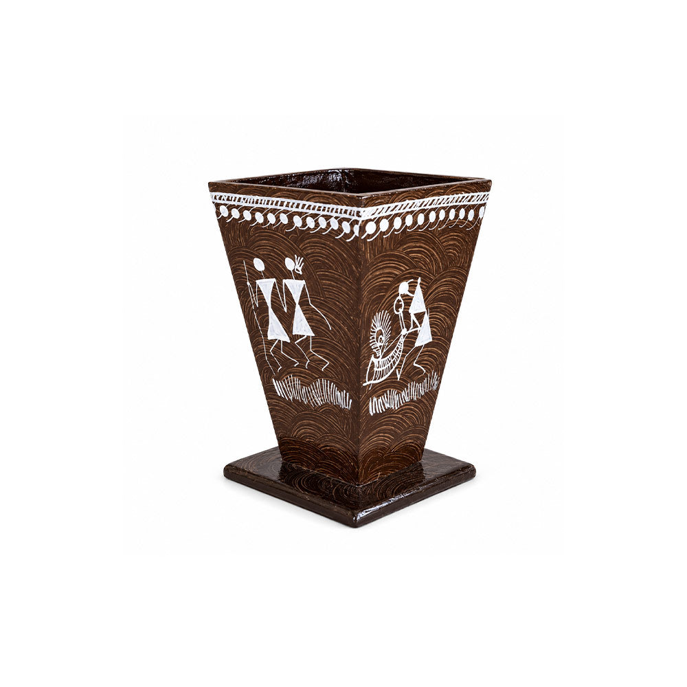 Warli Hand-Painted Tapered Wooden Pen Stand in Cocoa Brown