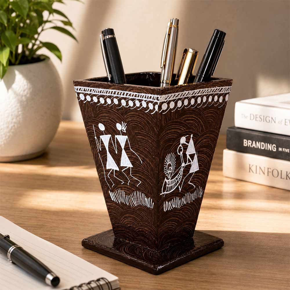 Warli Hand-Painted Tapered Wooden Pen Stand in Cocoa Brown