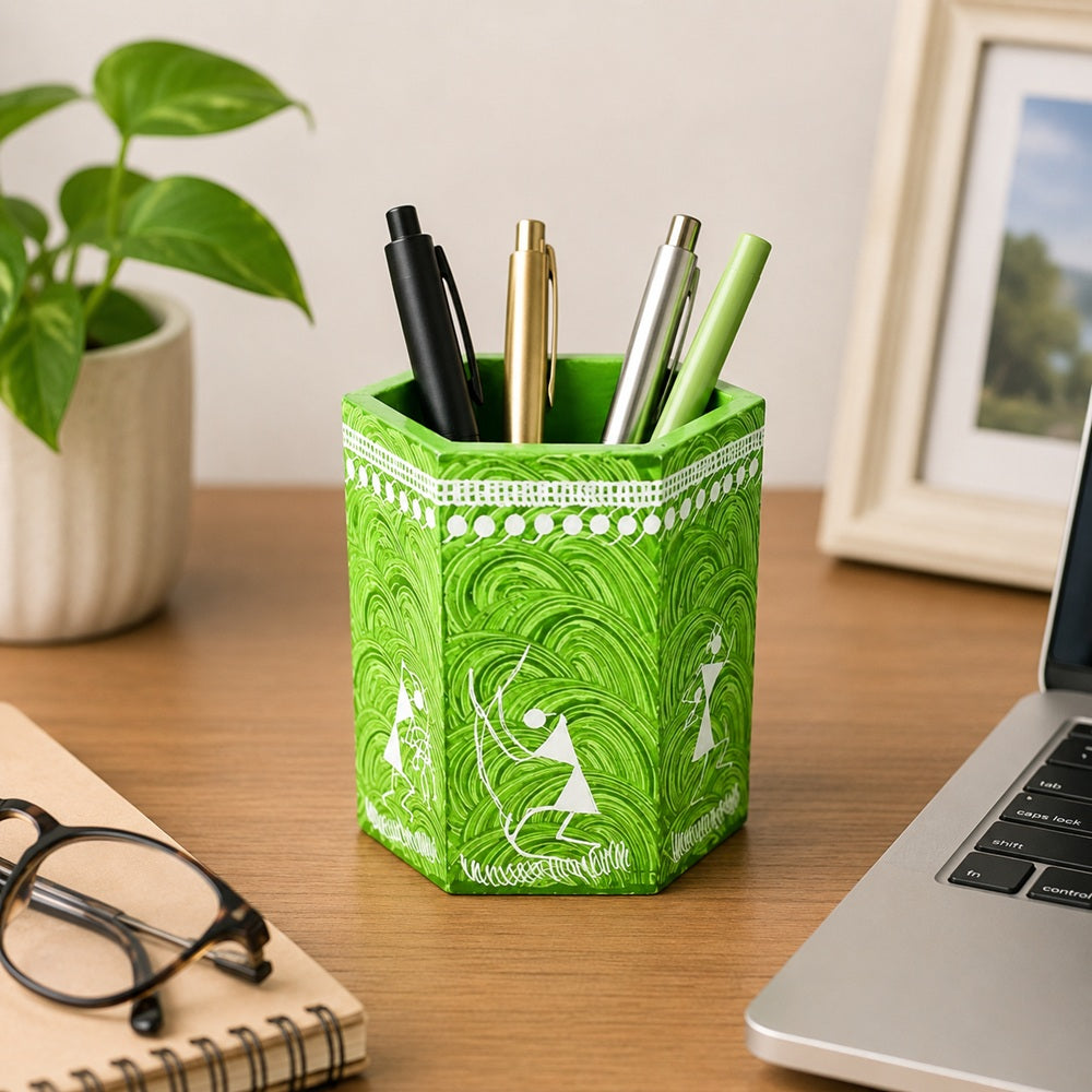 Grass Green Hexagonal Warli Art Wooden Pen Stand