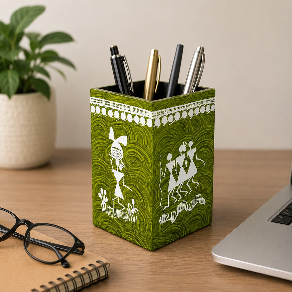 Warli Folk Art Wooden Stationery Holder in Leaf Green