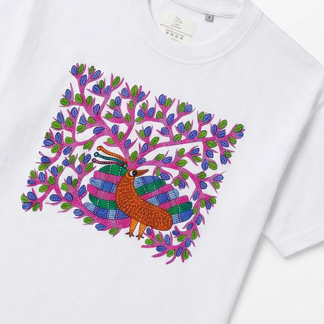 Hand Painted Botanical Bird White Cotton Tee