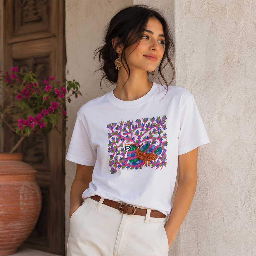 Hand Painted Botanical Bird White Cotton Tee