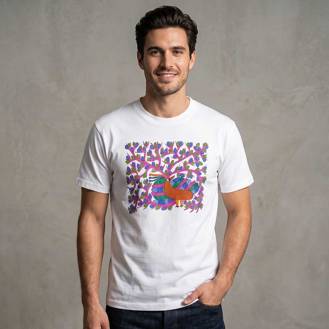 Hand Painted Botanical Bird White Cotton Tee