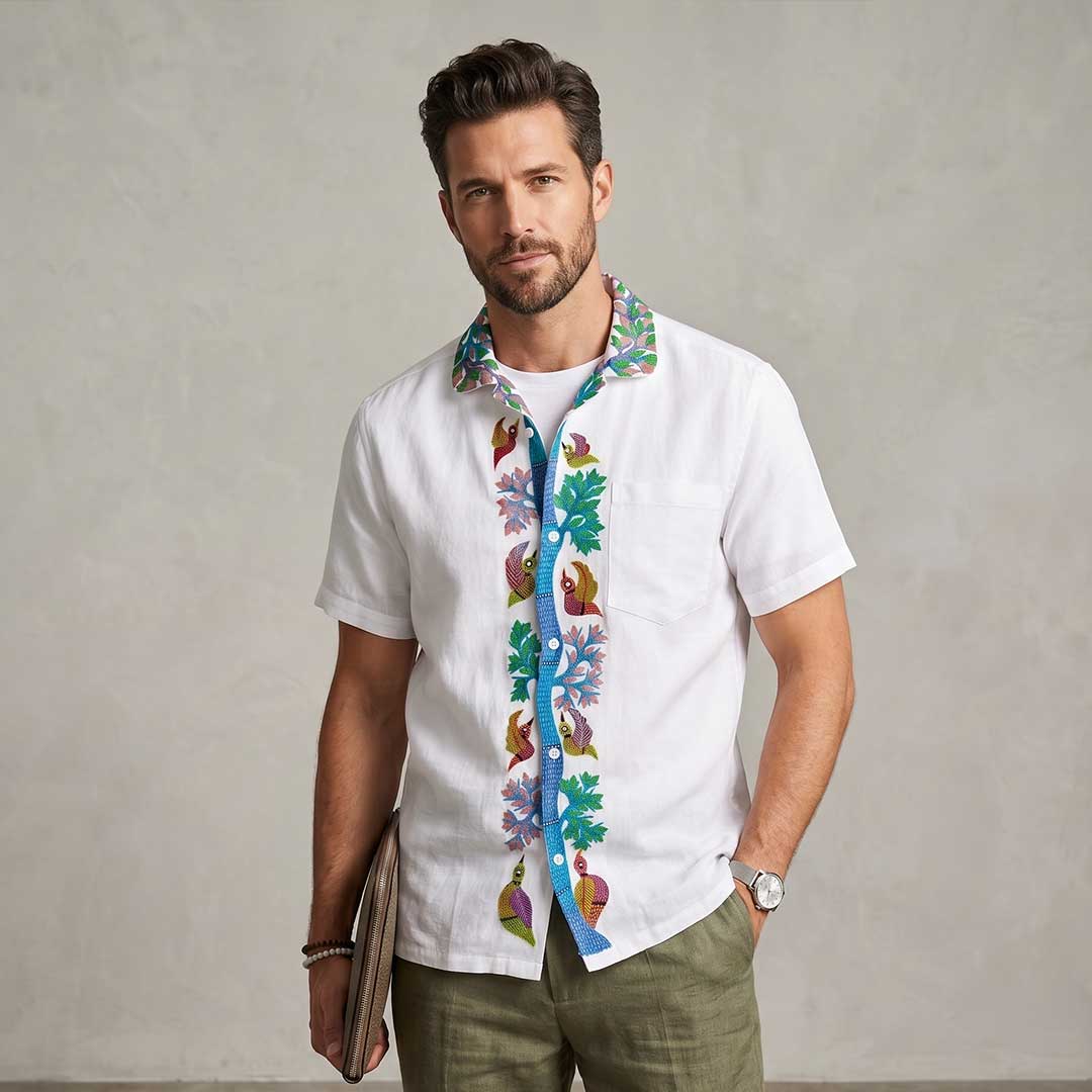 Hand Painted Folk Art Bird Button-Down Shirt