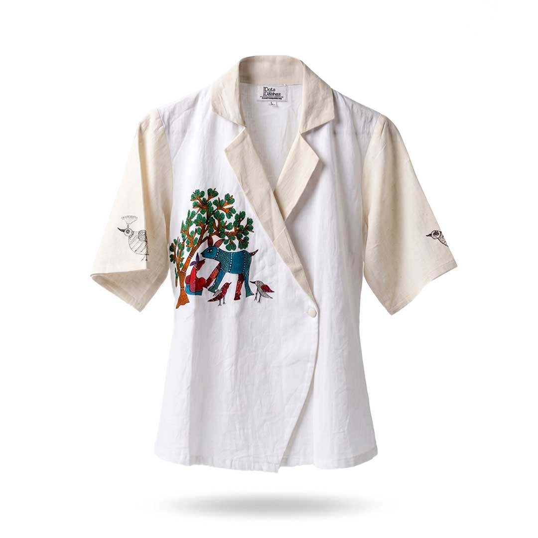 Gond Art Deer & Tree Hand-Painted Cotton Jacket
