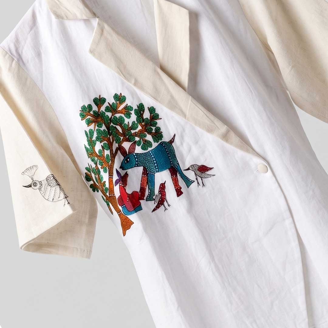 Gond Art Deer & Tree Hand-Painted Cotton Jacket