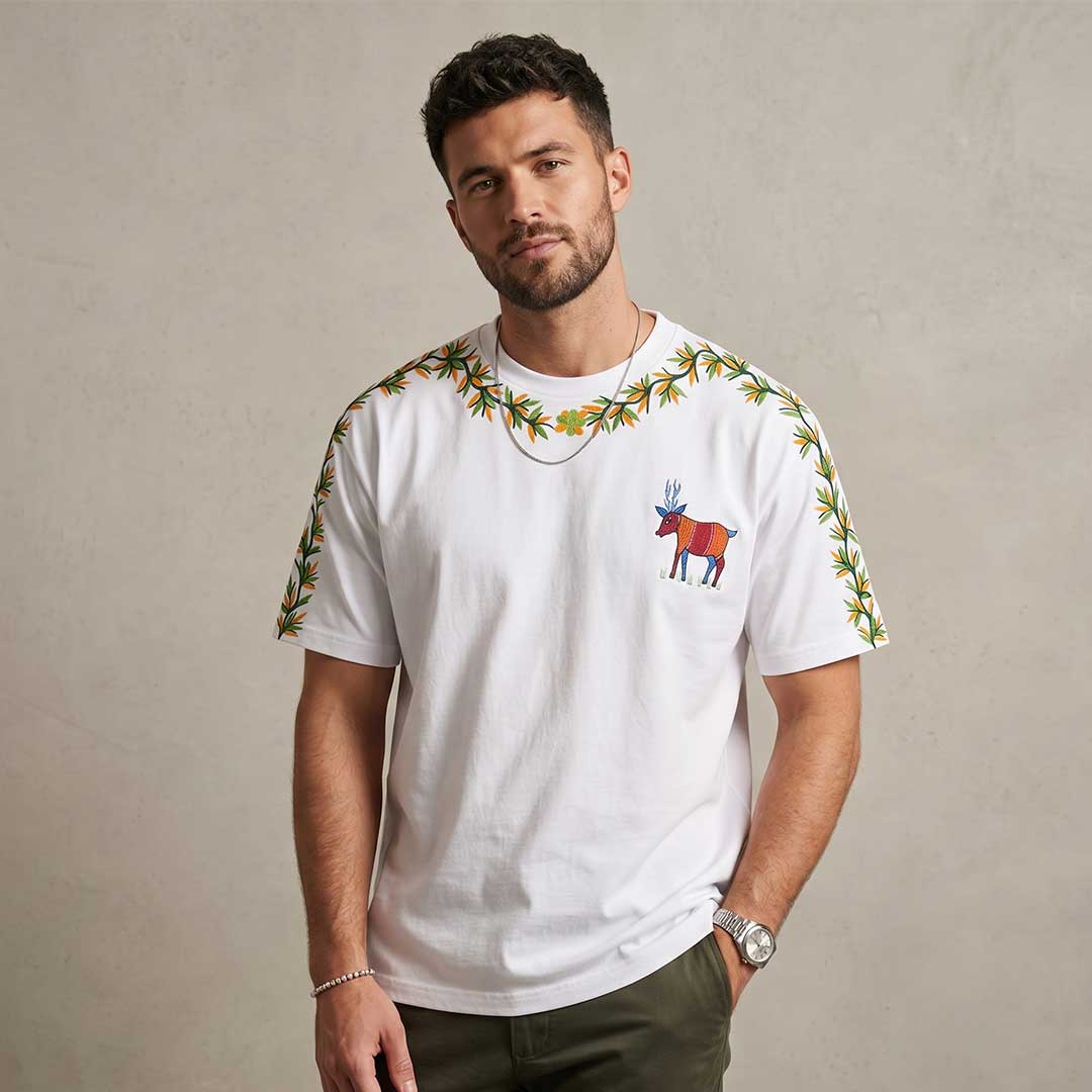 Hand Painted Deer and Floral Garland T-Shirt