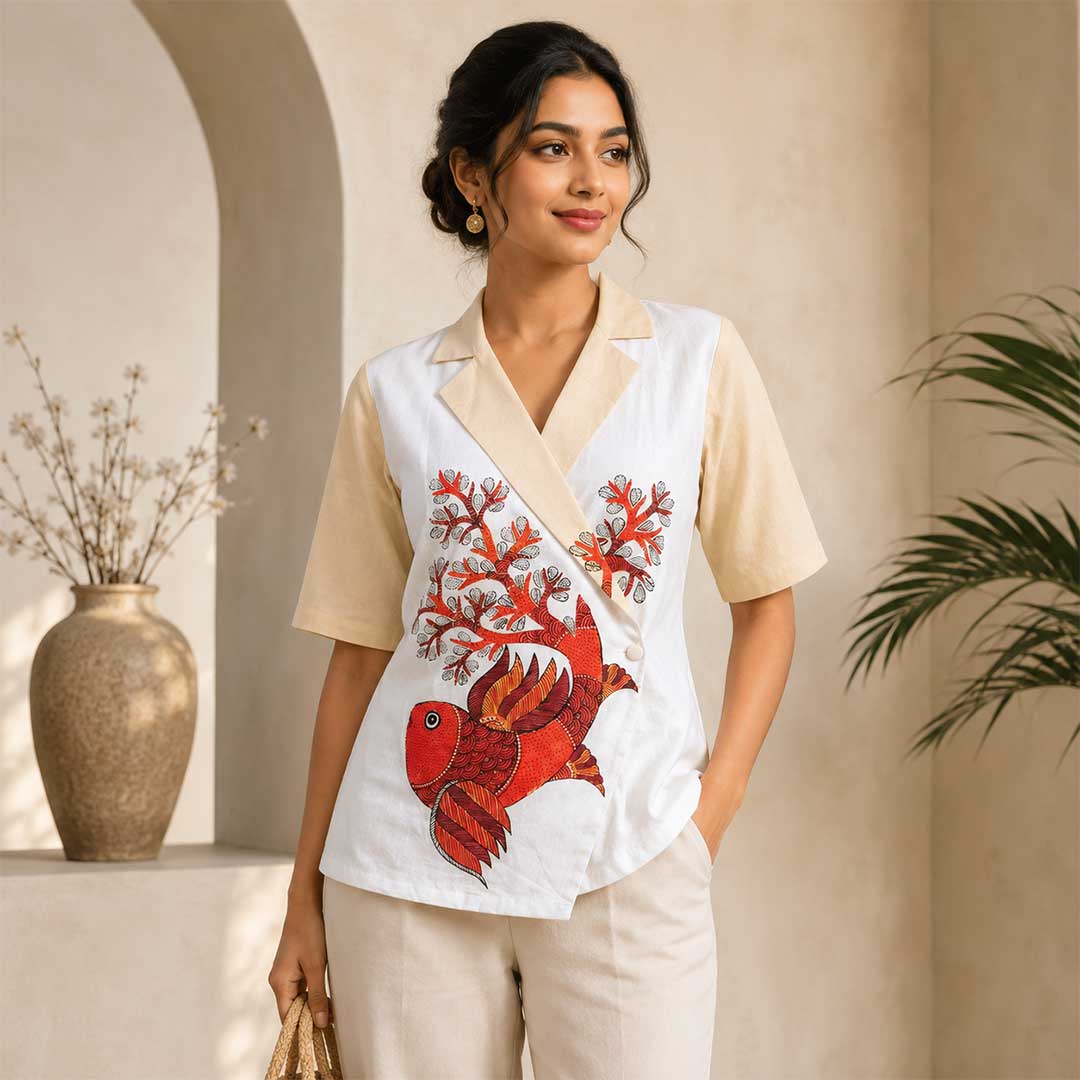Gond Art Fish & Tree Hand-Painted Jacket
