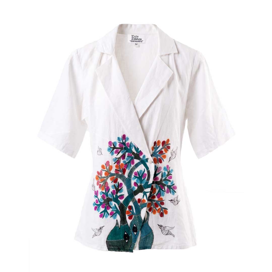 Gond Art Hand-Painted White Cotton Blazer Jacket