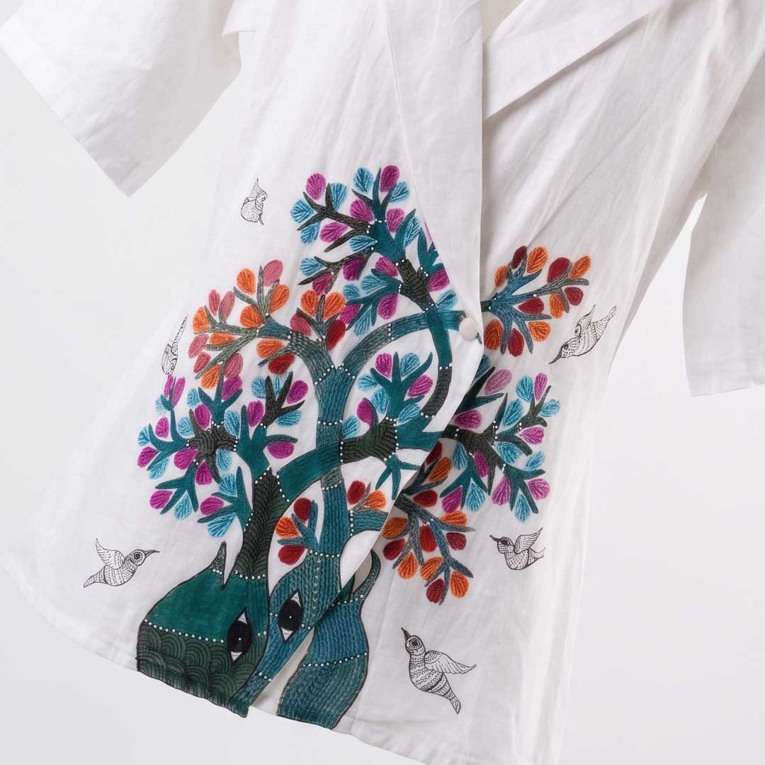 Gond Art Hand-Painted White Cotton Blazer Jacket