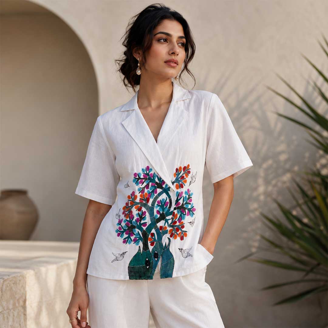 Gond Art Hand-Painted White Cotton Blazer Jacket