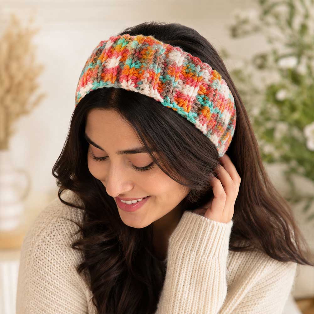 Woman wearing the sunset-colored handmade crochet headband.