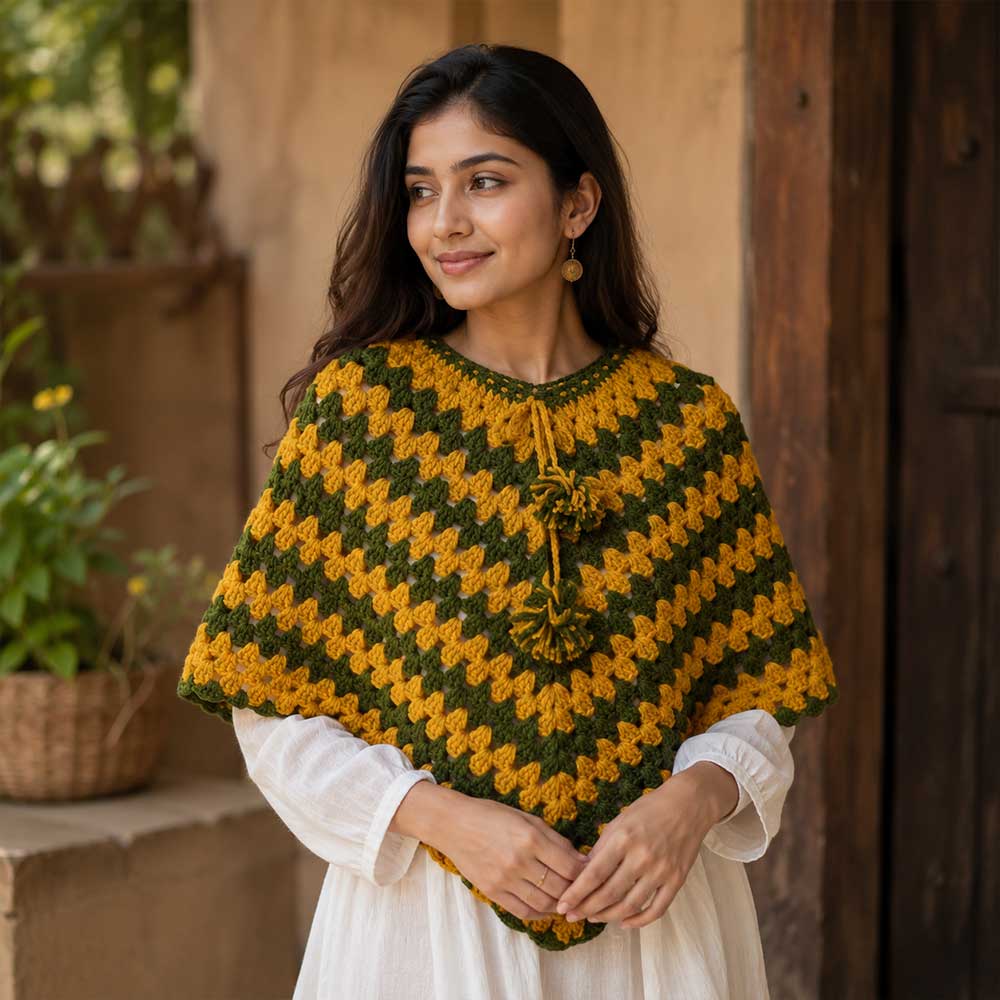 Woman wearing a handmade olive and yellow granny square crochet poncho, in-use